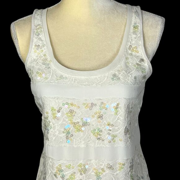 EXPRESS Women’s Tank Top Ivory Size SP Lace Sequins Striped Sleeveless Summer - Picture 4 of 13